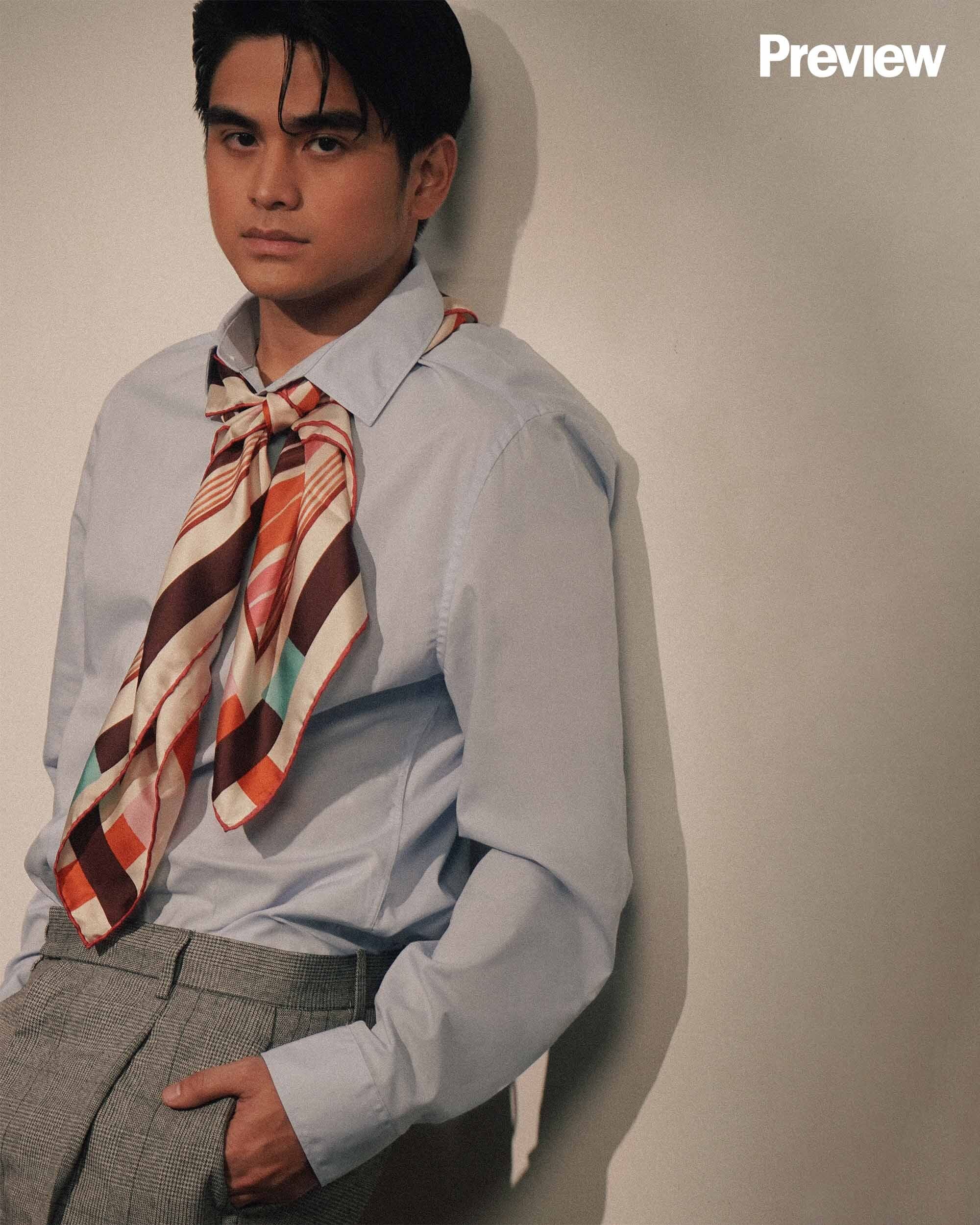 ON WILL: Amihan silk scarf, P3750, BY MARTINA LEBRON, martinalebron.com. Blue oxford shirt, P999. Grey checked trousers, P2990, H&M, Megamall